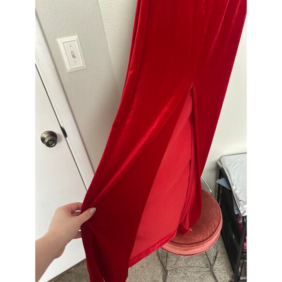 Vintage 90s Sz 4 Red Velvet Rhinestone Empire Waist Cap Sleeve Maxi Dress Gown - Picture 9 of 13